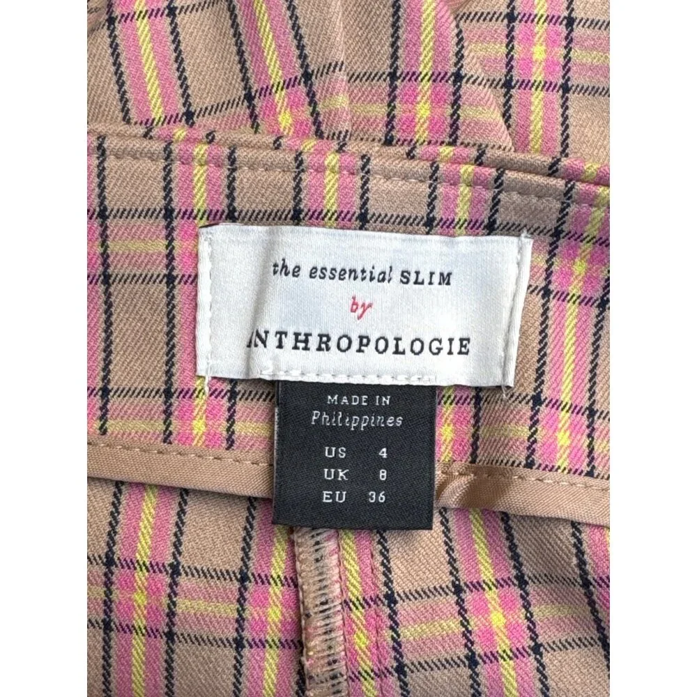 Anthropologie Essential Slim Plaid‎ Pants 4 Preppy Clueless Pink Beige